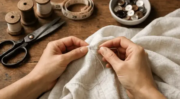 Mani che cuciono a mano con precisione, come a macchina. Filo, aghi, forbici e bottoni pronti per creare.