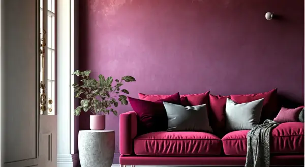 Divano fucsia con cuscini grigi e bordeaux, su sfondo magenta. Il colore magenta, caldo o freddo, crea un'atmosfera accogliente.