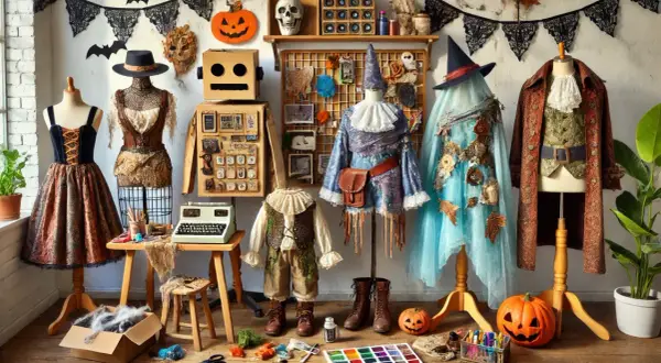 Creazione di costumi horror fai da te: manichini con abiti spettrali, zucche intagliate e materiali per il bricolage.