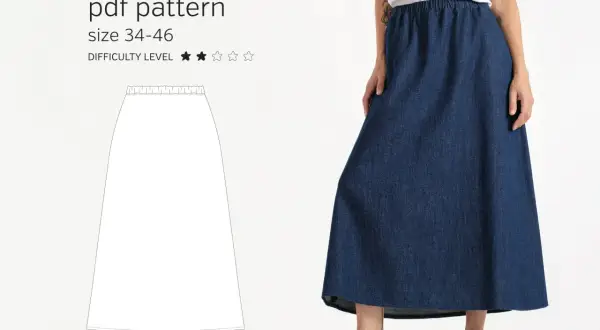Modello PDF per imparare come fare una gonna lunga con elastico in vita. Taglie 34-46. Tutorial di cucito.