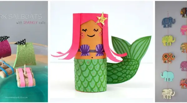 Lavoretti con la stoffa facili per bambini: barchette di sughero con vele scintillanti, sirena di carta e festone di elefanti colorati.