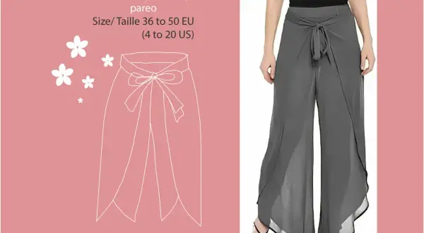 Cartamodello per pantaloni pareo eleganti, con dettagli di fiorellini e taglie disponibili in inglese e francese.