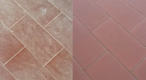 Prima e dopo: come togliere macchie di cemento dal pavimento. Pavimento in cotto sporco e poi pulito, con fughe perfette.