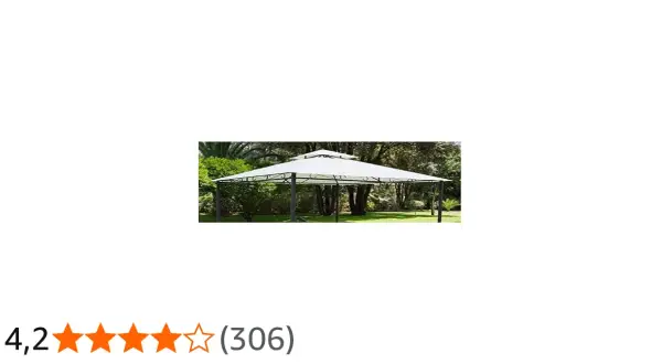 Gazebo bianco con tetto a doppio falda, ideale per coprire un gazebo in giardino. Struttura in metallo scuro e telo impermeabile.