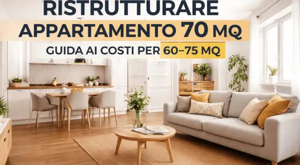 Guida ai costi per la ristrutturazione completa casa di un appartamento di 70 mq. Interni luminosi con cucina e soggiorno moderni.