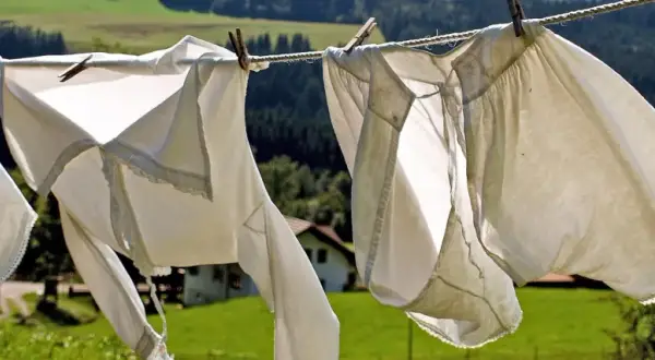 Capi ingialliti dal sole ondeggiano al vento su uno stendibiancheria, con un paesaggio verdeggiante e una casa sullo sfondo.