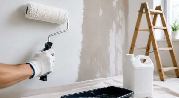 Mano guantata stende fissativo per pittura con rullo su muro grezzo. Scala e contenitore in primo piano.