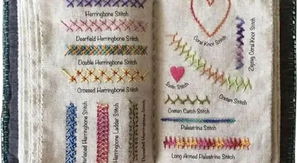 Libro di campioni di ricamo con varie tecniche, tra cui punto pieno, punto spina di pesce e punto corallo.