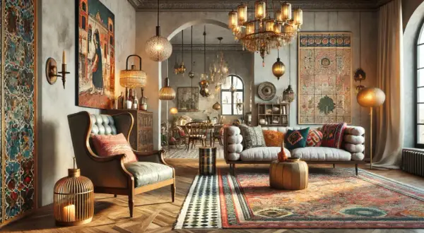 Un salotto in stile eclettico con tappeti orientali, mobili antichi e decorazioni artistiche.