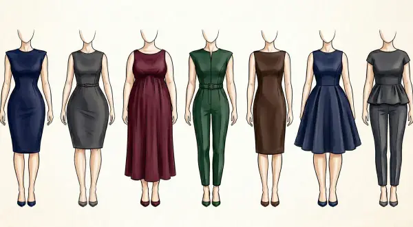 Illustrazione di diverse silhouette femminili in abiti eleganti. Guida visiva per capire come misurare le spalle donna per un abito perfetto.