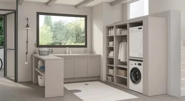 Lavanderia moderna con lavatrice, asciugatrice e armadi a giorno. Ottime idee lavanderia per organizzare lo spazio.