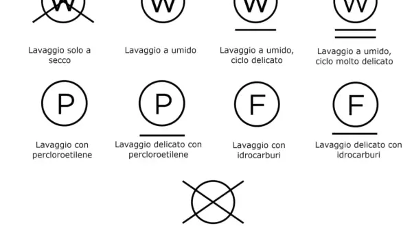 Simboli di lavaggio per la lavatrice: lavaggio a secco, a umido, con percloroetilene e idrocarburi.