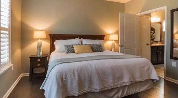 Accogliente camera da letto colori caldi, con letto king size, comodini con lampade e porta aperta su un bagno.