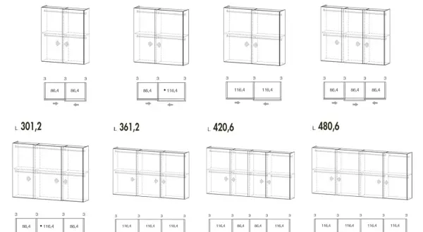 Schemi di armadi con diverse lunghezze e configurazioni. La profondità minima armadio è indicata per ogni modulo.