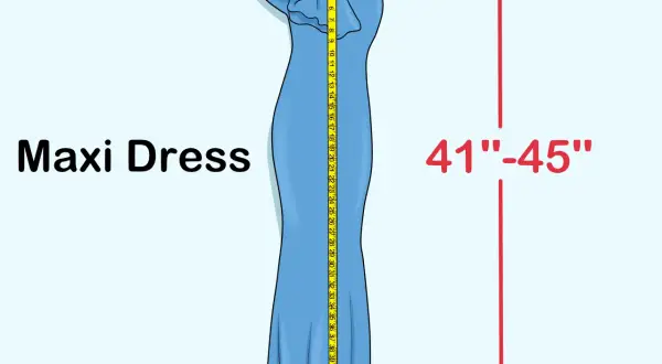 Un metro a nastro mostra come misurare un vestito lungo, indicando una lunghezza di 41-45 pollici.