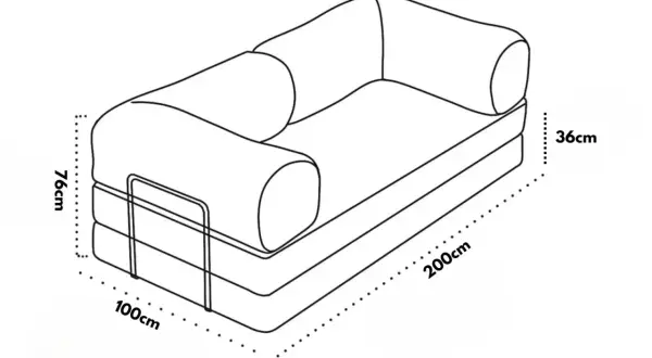 Disegno tecnico di un divano letto con dimensioni: altezza 76cm, larghezza 100cm, lunghezza 200cm e altezza seduta 36cm.
