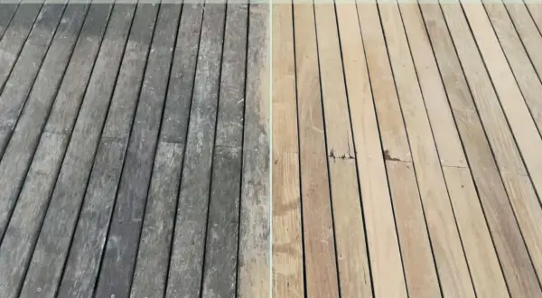 Prima e dopo: il legno grigio e opaco, con macchie grigie dopo lavaggio in lavatrice, è stato riportato al suo colore naturale.