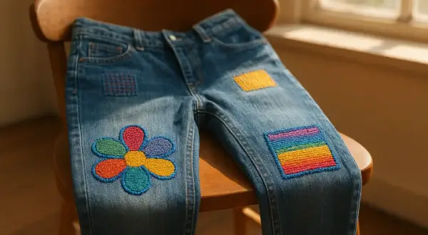 Jeans con fiore colorato e arcobaleno, decorati con punti cucito a mano decorativi.