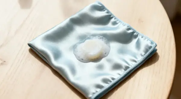 Un panno di seta azzurro con una macchia di sapone e schiuma, pronto per imparare come smacchiare la seta.