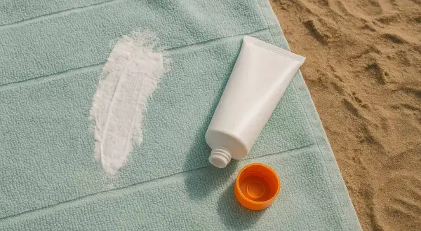 Crema solare fuori dal tubetto su un telo da spiaggia, che potrebbe causare macchie gialle sui vestiti conservati.