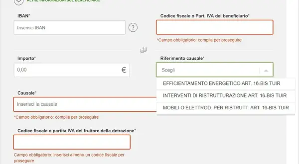 Compilazione bonifico parlante per detrazioni fiscali: IBAN, importo, causale e riferimento causale (es. ristrutturazione).