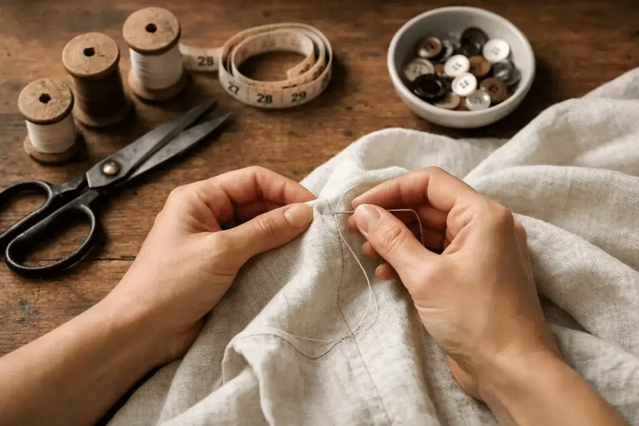 Mani che cuciono a mano con precisione, come a macchina. Filo, aghi, forbici e bottoni pronti per creare.
