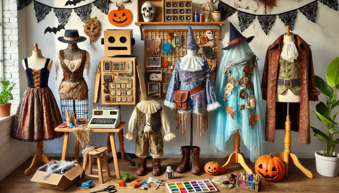 Creazione di costumi horror fai da te: manichini con abiti spettrali, zucche intagliate e materiali per il bricolage.