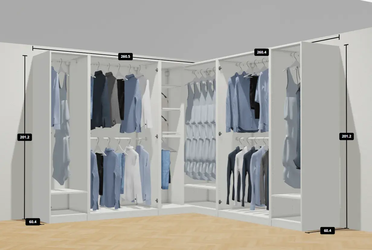 Dimensioni cabina armadio: 260.5 cm x 201.2 cm. Organizzazione interna con mensole e barre appendiabiti.