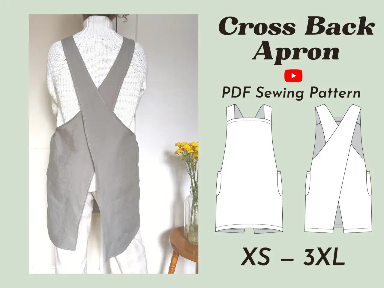 Cartamodello grembiule da cucina gratis, stile "cross back", disponibile in taglie da XS a 3XL. Perfetto per chi ama cucire!