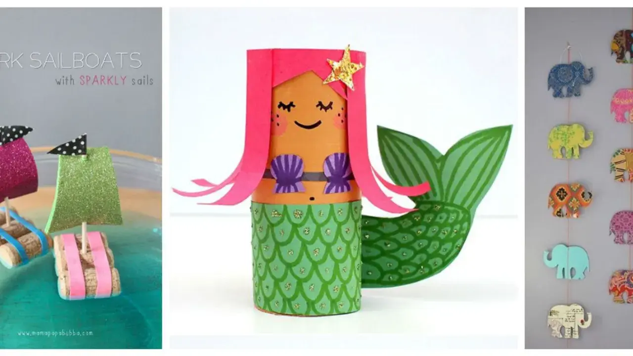 Lavoretti con la stoffa facili per bambini: barchette di sughero con vele scintillanti, sirena di carta e festone di elefanti colorati.