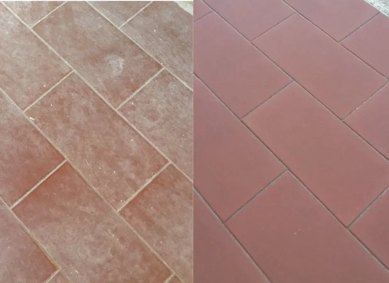 Prima e dopo: come togliere macchie di cemento dal pavimento. Pavimento in cotto sporco e poi pulito, con fughe perfette.