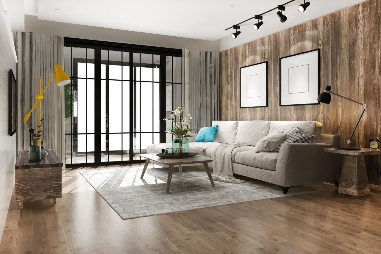 Soggiorno moderno con divano beige, tavolino in legno, tappeto grigio e parete effetto legno. Un esempio di come ristrutturare casa a costo zero con stile.