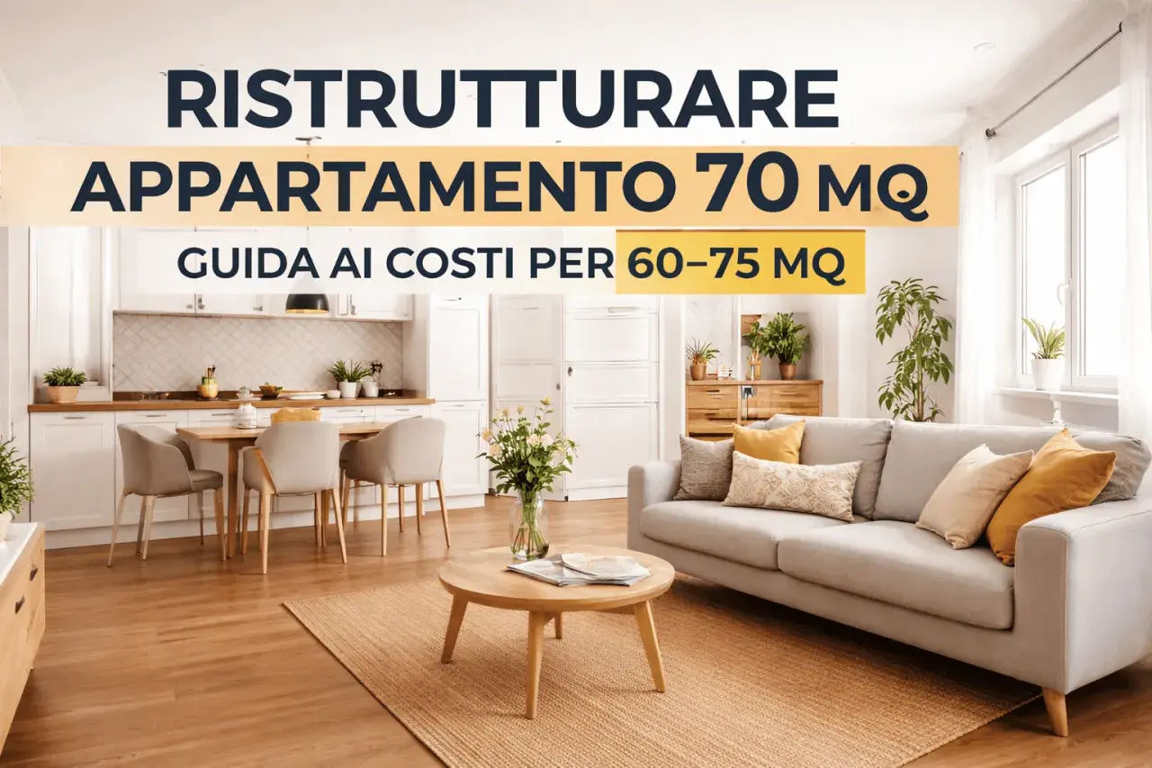 Guida ai costi per la ristrutturazione completa casa di un appartamento di 70 mq. Interni luminosi con cucina e soggiorno moderni.
