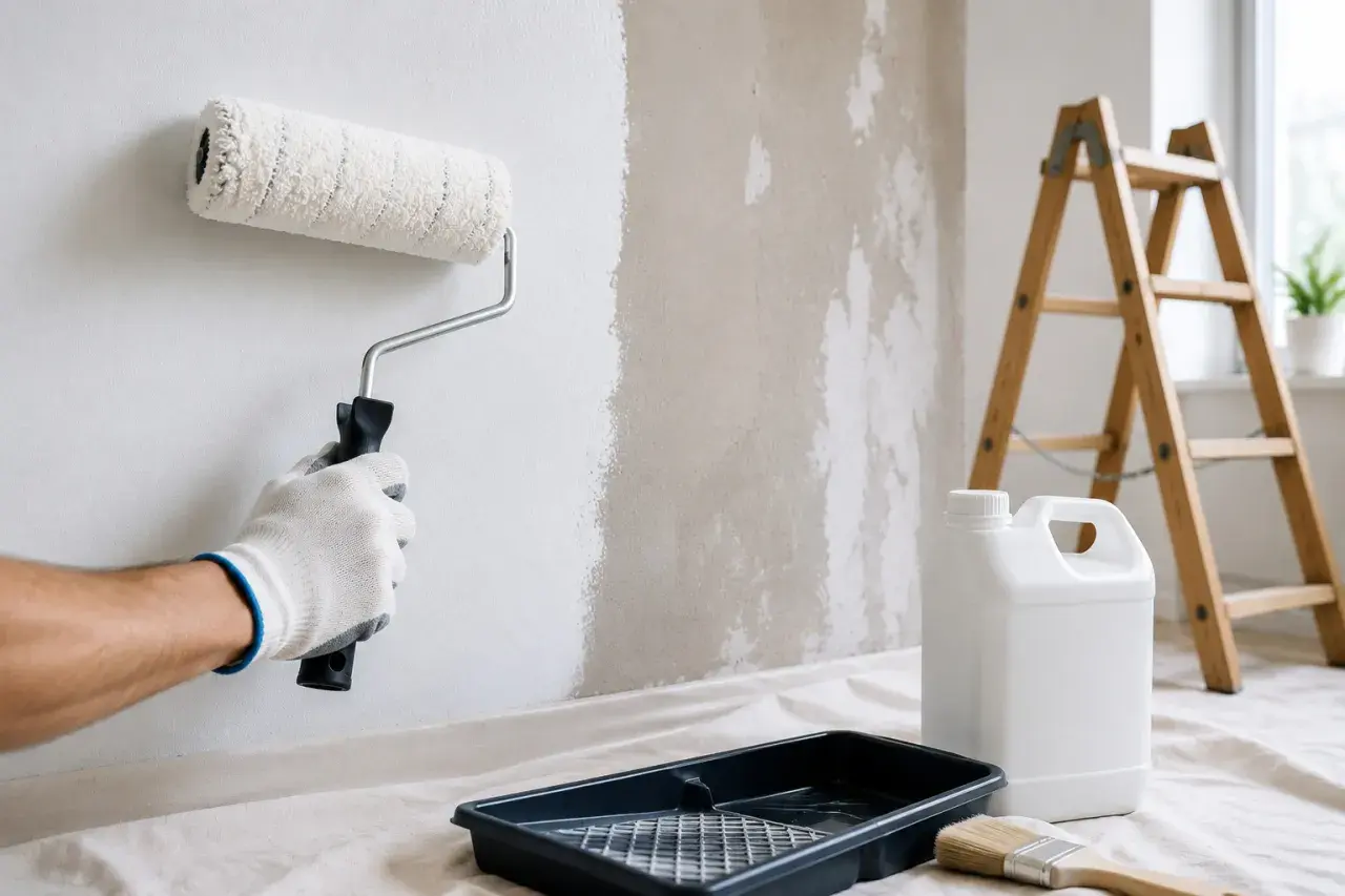Mano guantata stende fissativo per pittura con rullo su muro grezzo. Scala e contenitore in primo piano.