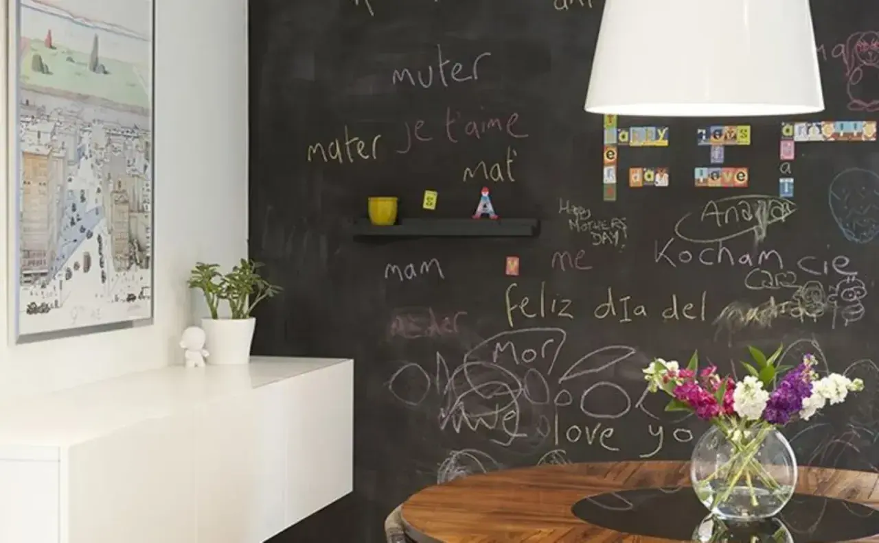 Parete lavagna idee: messaggi d'amore in varie lingue, disegni e un quadro moderno. Un tocco creativo per la casa.