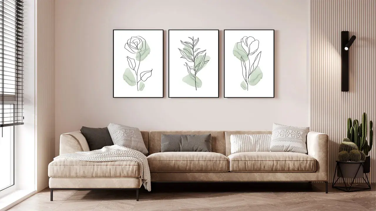 Divano beige in un soggiorno al piano terra poco luminoso, con tre quadri botanici minimalisti e una lampada da parete.