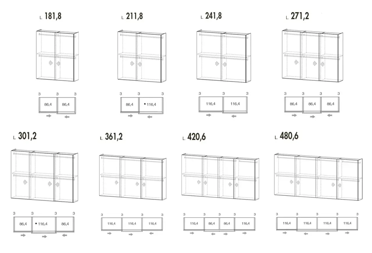 Schemi di armadi con diverse lunghezze e configurazioni. La profondità minima armadio è indicata per ogni modulo.