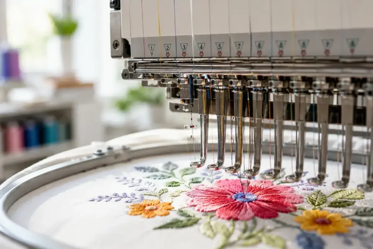 Macchine per ricamo a mano creano un bellissimo disegno floreale su tessuto bianco.