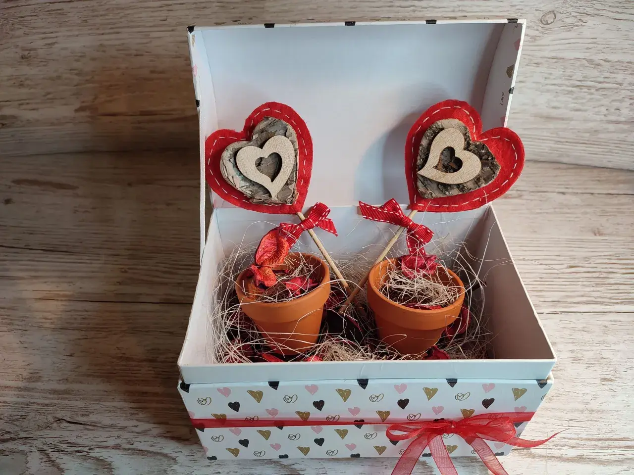 Scatola regalo con due vasetti di terracotta, decorati con cuori rossi e legno, perfetti per addobbi San Valentino fai da te.