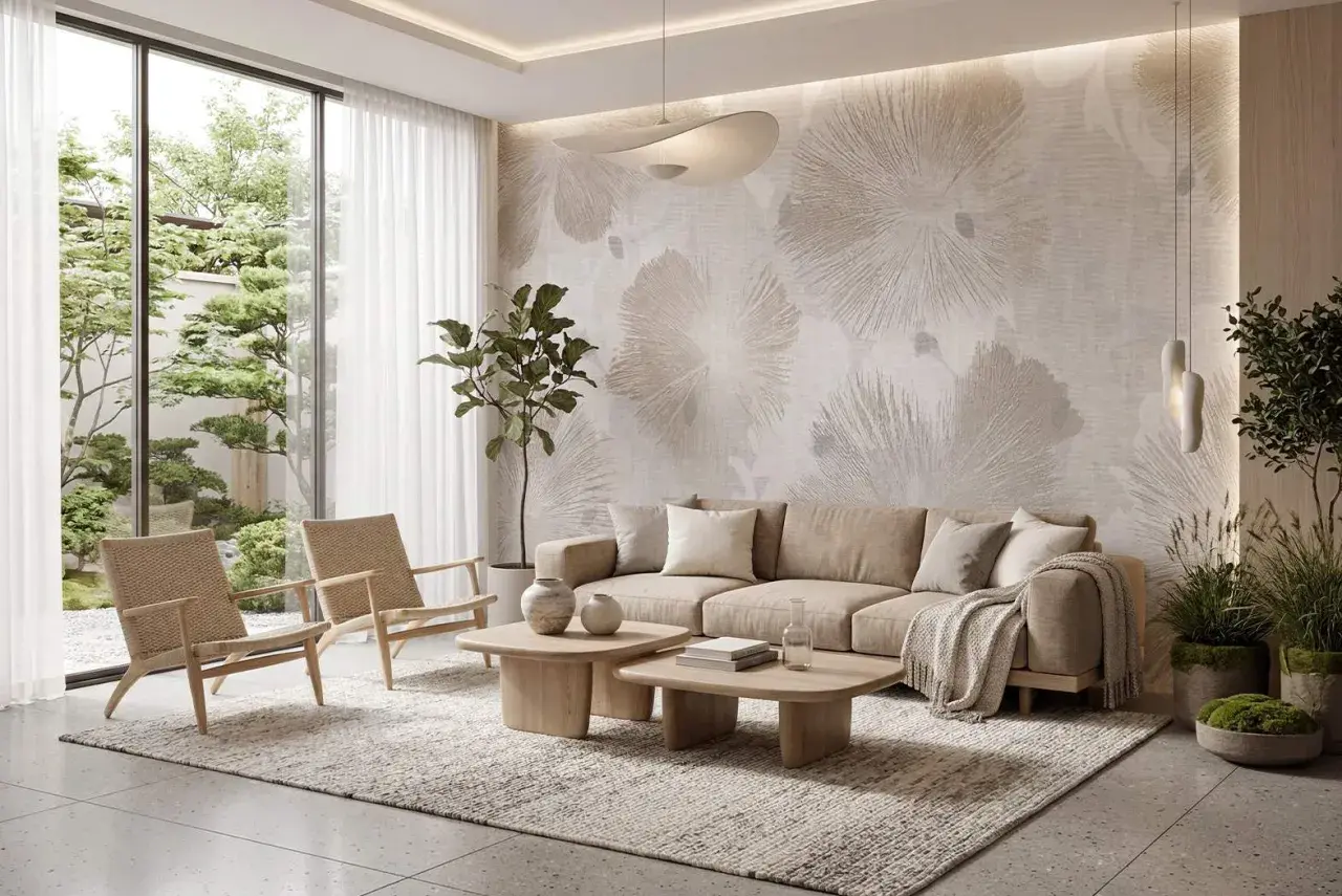 Un salotto moderno e luminoso, perfetto per arredare casa con stile. Divano beige, sedie in paglia, tavolini in legno e carta da parati floreale.