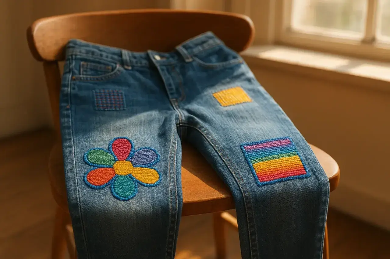 Jeans con fiore colorato e arcobaleno, decorati con punti cucito a mano decorativi.