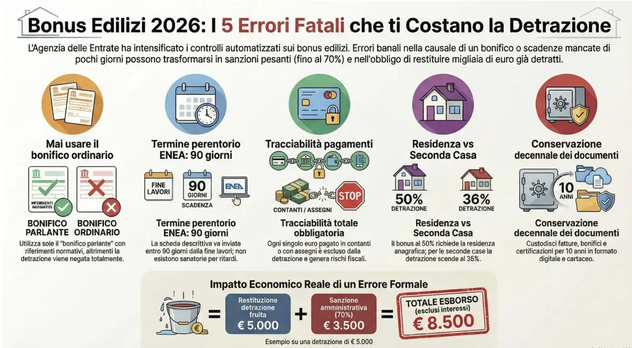 Errori comuni sui bonus edilizi: non usare bonifico ordinario, rispettare i termini ENEA e la tracciabilità dei pagamenti per il bonifico ristrutturazione edilizia.