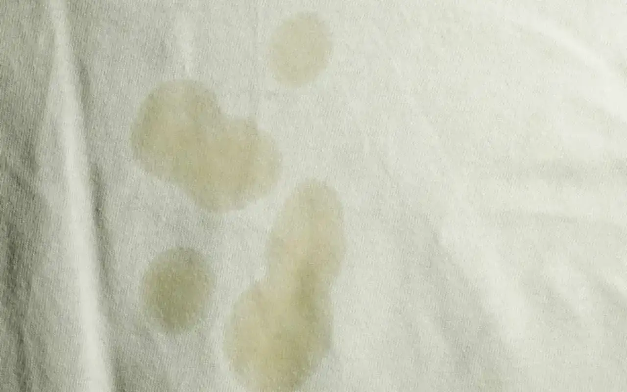 Macchie gialle sulla biancheria intima, forse dovute a sudore o a un lavaggio non perfetto.