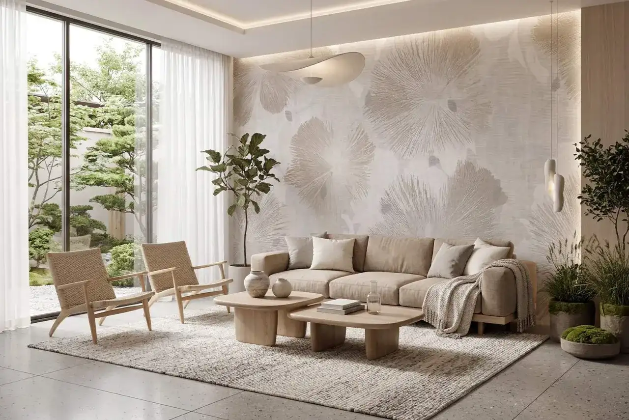 Un salotto moderno e luminoso, perfetto per arredare casa con stile. Divano beige, sedie in paglia, tavolini in legno e carta da parati floreale.
