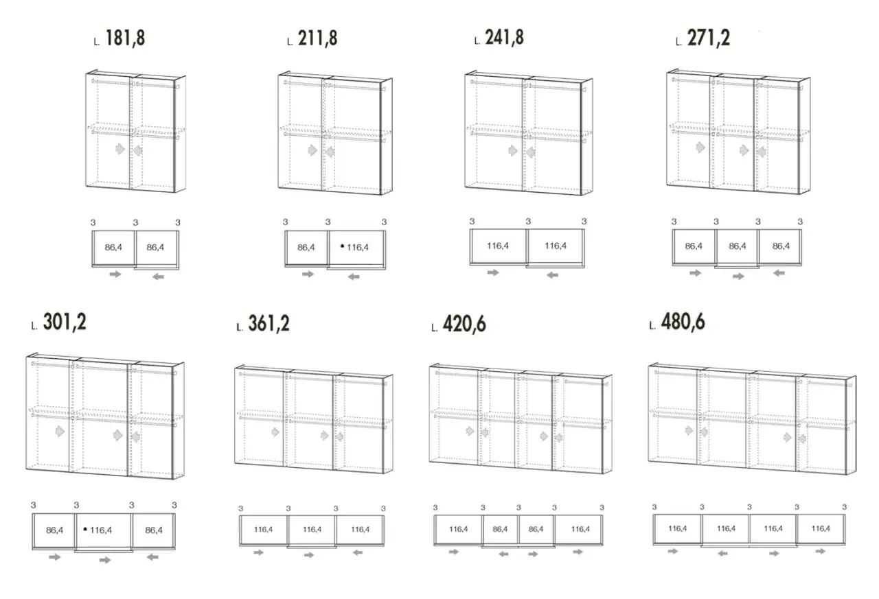 Schemi di armadi con diverse lunghezze. La profondit&agrave; minima armadio &egrave; indicata per ogni modulo.