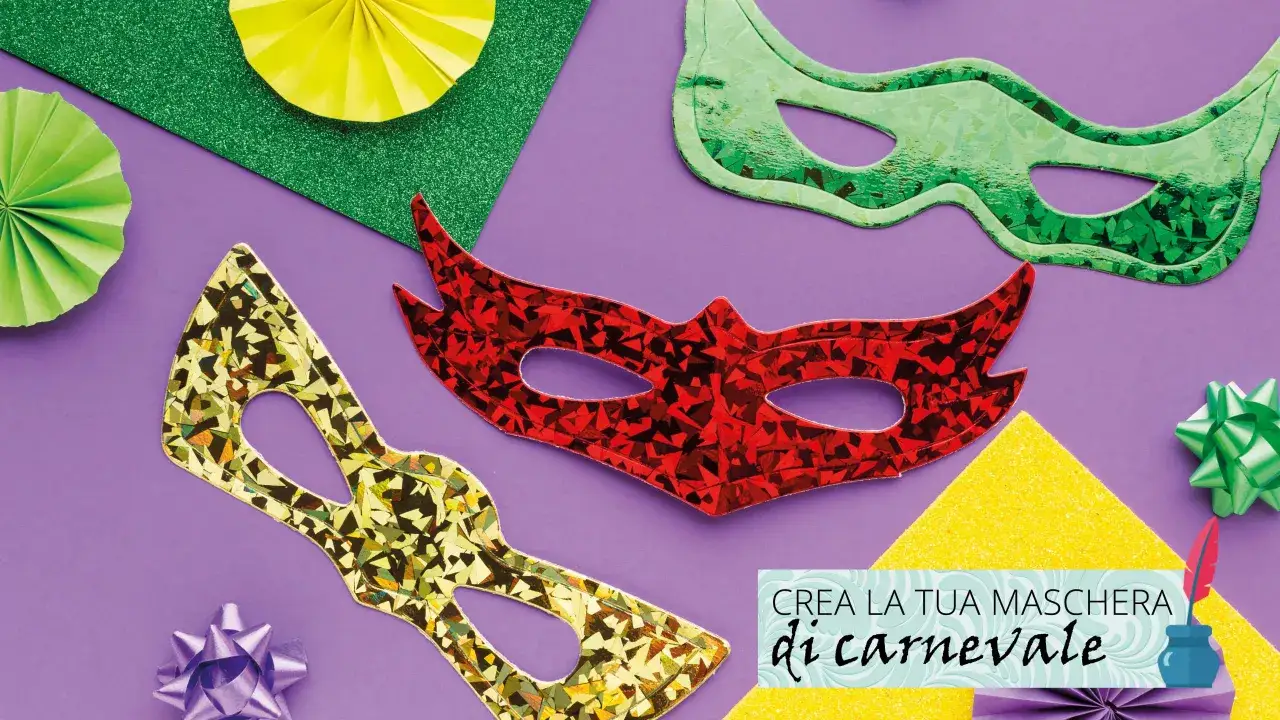 Maschere di carnevale da realizzare con i bambini: rosse, verdi e dorate, pronte per la festa!