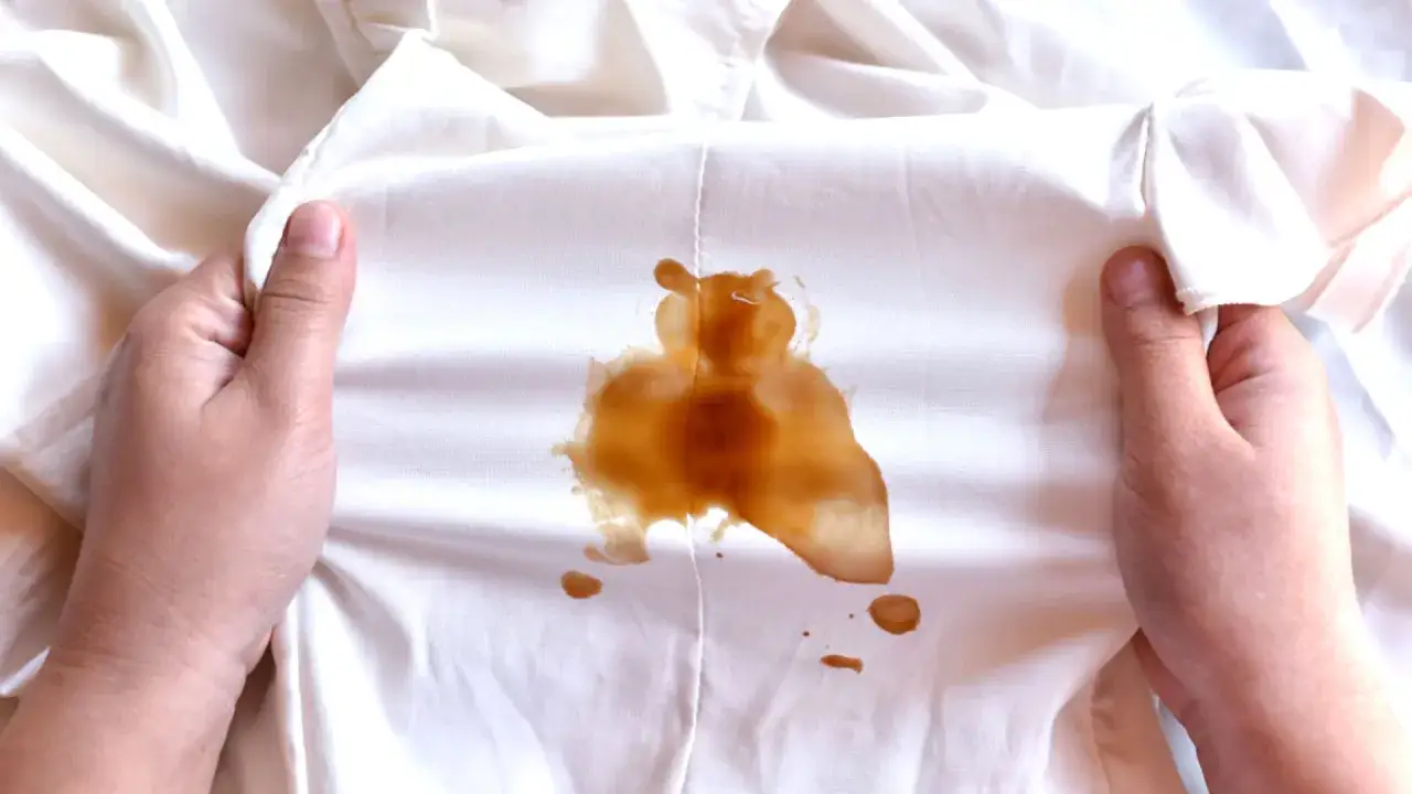 Mani che tengono un tessuto bianco con macchie arancioni di caffè.