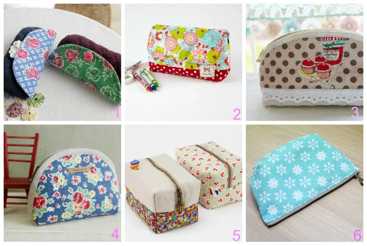 Sei sacchette fai da te con fantasie floreali, a pois e fiocchi di neve. Perfette per organizzare trucchi o piccoli oggetti.