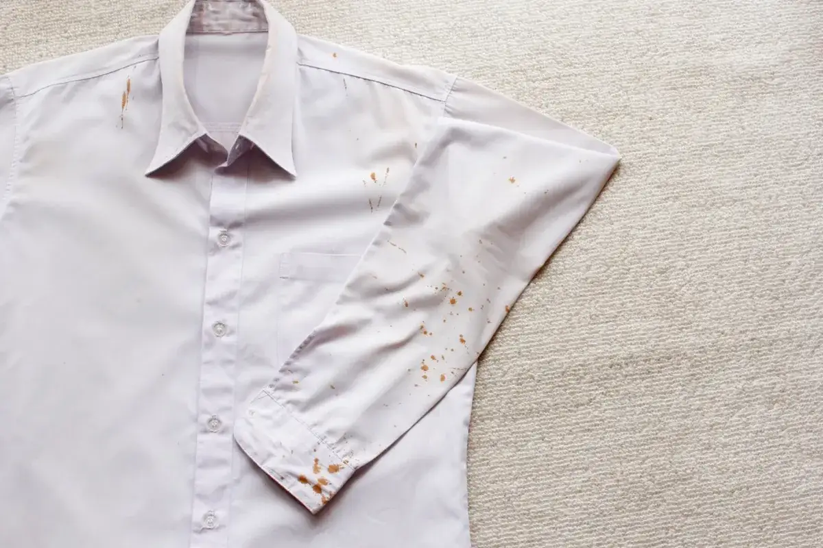 Camicia bianca in cotone con macchie di ruggine. Come togliere macchie di ruggine dal cotone bianco.