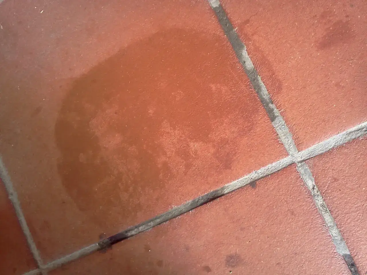 Macchie scure su piastrelle rosse, un problema comune per chi cerca come togliere macchie di cemento dal pavimento.